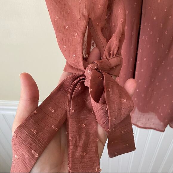 Lulus | Closer Look Dusty Rose Swiss Dot Romper Long Tie Sleeves Pink Medium - Picture 6 of 11